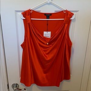 St. John Silk Red Coral Draped Top with gold diamond accent